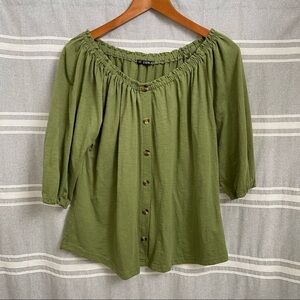 STORYBUK / Olive Green 3/4 Sleeve Cinch Neck / Off the Shoulder Shirt Size L